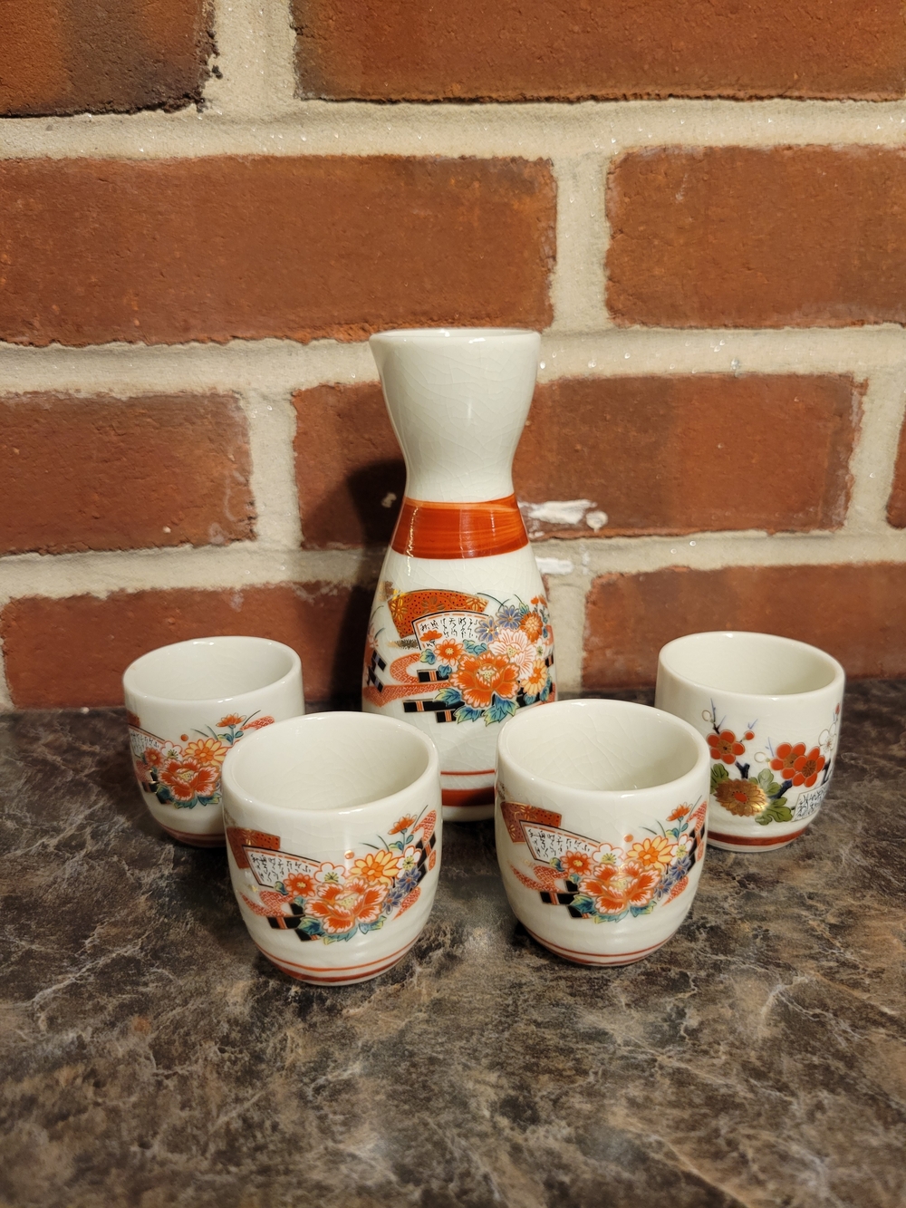 Porcelain Sake Set with Orange Florals